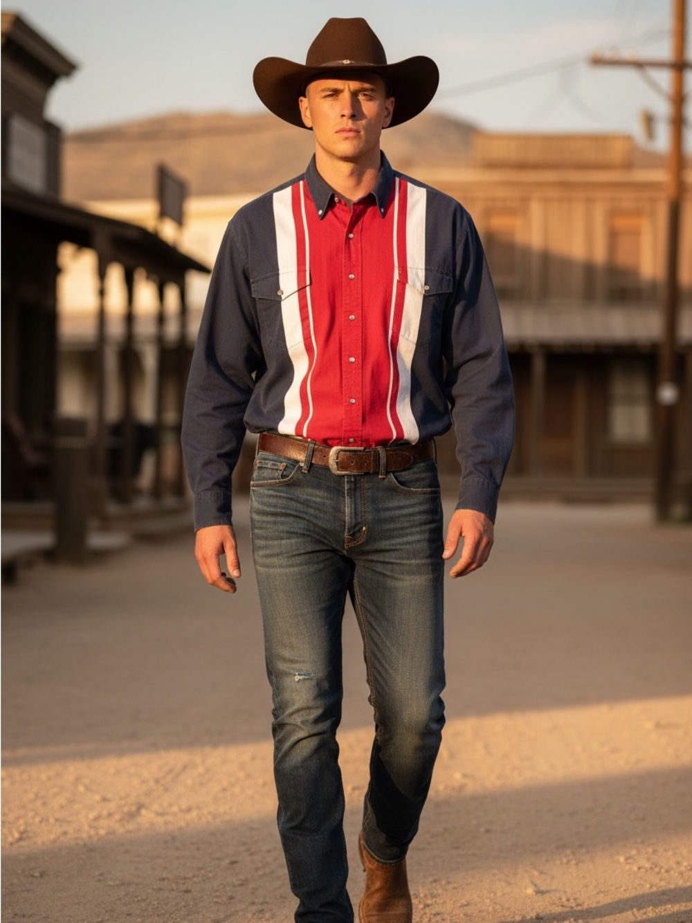 Roper Men's 90’s Western Button-Up Americana Navy, Red & White Cowboy Shirt